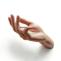 A realistic representation of a human hand, elegantly posed in a gesture of readiness or mindfulness against a white backdrop. photo