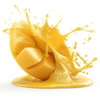 Vibrant mango slices splashing in vibrant yellow liquid, capturing freshness and energy. photo