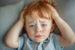 A worried Caucasian toddler with red hair and blue eyes holds his head, expressing concern or confusion in a soft, cozy setting. photo