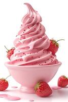 A delightful swirl of pink strawberry soft serve ice cream topped with fresh strawberries and colorful sprinkles. photo