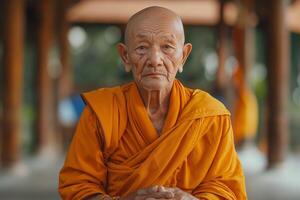 Elderly Asian male monk in an orange robe, gazing thoughtfully with a serene expression. photo