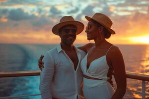 A romantic evening on a cruise with a smiling Black couple enjoying the sunset, both stylishly dressed in summer attire. photo