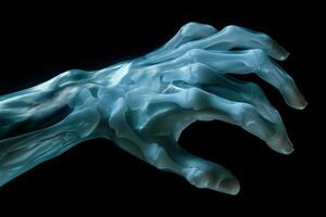 An ethereal, translucent blue hand reaching out, highlighting intricate bone structures against a dark backdrop. photo