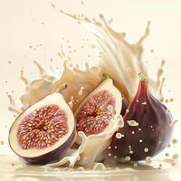 A vibrant display of fresh figs splashing into creamy milk, highlighting their rich colors and texture. photo