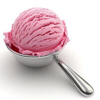 A vibrant scoop of pink ice cream in a shiny silver scoop, ready to be enjoyed. photo