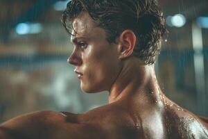 A young Caucasian male flexes his muscular back in a rain-soaked environment, showcasing determination and strength. photo