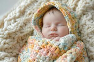 A peaceful sleeping baby girl wrapped in a colorful knitted blanket, exuding warmth and tranquility. photo