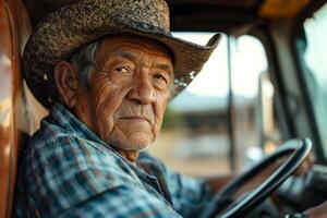 Elderly Hispanic man with a weathered face and a cowboy hat gazing thoughtfully from a truck, embodying rural life and resilience. photo