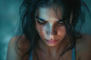 A young Latina woman with long, dark hair gazes downward, deep in thought, her expression conveying a mix of emotion and contemplation. photo