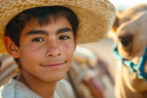 A young Hispanic boy with dark hair and a straw hat smiles gently beside a camel in a warm, rustic setting. photo