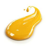 A vibrant drop of yellow paint flowing gracefully on a white surface, embodying energy and creativity. photo