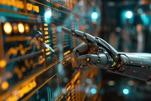 A futuristic robotic hand interacts with a digital interface, showcasing advanced technology and innovation. photo