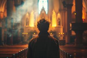 A contemplative young man stands in a dimly lit church, illuminated by warm golden light and surrounded by ethereal smoke. photo