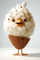 A cheerful, cartoonish chick character resembling an ice cream cone, complete with fluffy white texture and playful design. photo