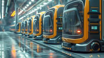 Futuristic automated vehicles in a high-tech warehouse, showcasing sleek design and advanced technology. photo