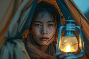 A young Asian woman, illuminated by a lantern, gazes through the tent flap, embodying tranquility and adventure. photo