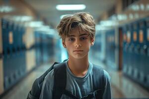 A young Caucasian boy with tousled hair stands in a school hallway, looking directly at the camera with a serious expression. photo