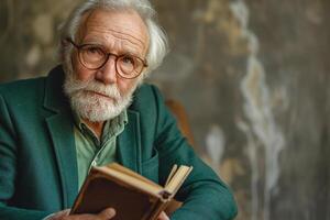An elderly Caucasian man with glasses reads a book, displaying wisdom and serenity in a softly lit, rustic setting. photo