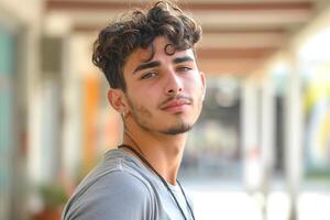 Young male with curly hair and a stylish look, exuding confidence in a softly blurred outdoor setting. photo