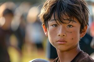 A young Asian boy with messy hair and dirt on his face, looking intently in the camera after a soccer game. photo