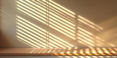 Gentle sunlight casting striped shadows across a wooden surface, creating a warm and inviting ambiance. photo