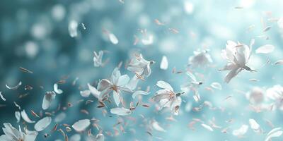 Delicate white flower petals gracefully floating through a serene, soft blue background. photo