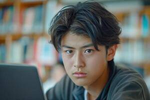 A focused Asian teenage boy working intently on his laptop in a bright library. photo