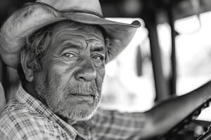Older Hispanic man with weathered features wearing a wide-brimmed hat, gazing pensively from the driver's seat. photo