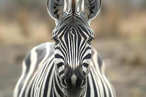 Close-up of a striking zebra's face, showcasing its distinctive black-and-white stripes in a natural habitat. photo