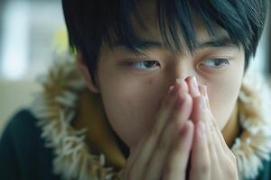 A pensive young Asian male, deep in thought, with hands clasped, capturing a moment of contemplation indoors. photo