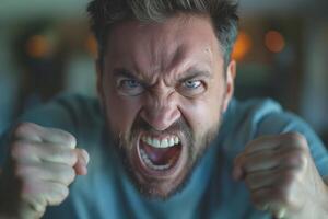 A male with light brown hair expresses intense anger, his face showing fury with clenched fists and a fierce scream. photo