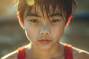 A young Asian boy with wet hair, wearing a red tank top, gazes intensely, capturing a moment of determination and focus. photo