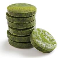 Close-up of a stack of vibrant green matcha tea soap bars, showcasing their unique texture and color. photo