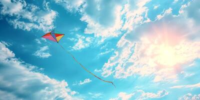A colorful kite soars high against a vibrant blue sky with fluffy clouds and sunlight streaming through. photo