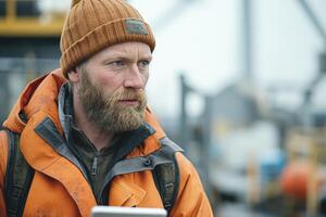 A serious Caucasian man with a beard, wearing an orange waterproof jacket and a brown beanie, focuses on his tablet outdoors. photo