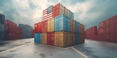 A vibrant cargo container stack featuring flags of the USA, China, and Russia, symbolizing global trade dynamics. photo