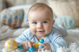 Adorable Caucasian baby boy in blue sleepwear, smiling while playing with colorful toys on a cozy blanket. photo