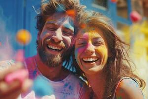 A joyful couple, a Caucasian man and woman, covered in vibrant colors, celebrating together with laughter during a festive event. photo