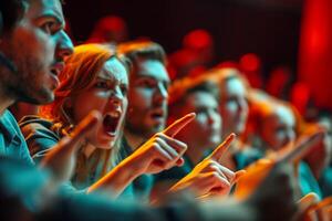 A diverse group of passionate young adults, visibly engaged in a heated discussion, expressing strong emotions. photo
