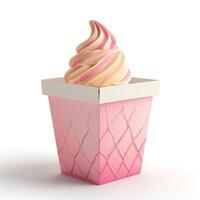 A delicious swirl of pink and cream soft serve ice cream in a stylish, textured pink cup. photo