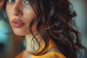 Close-up of a young Caucasian woman with wavy chestnut hair and a soft expression, wearing a vibrant yellow outfit. photo