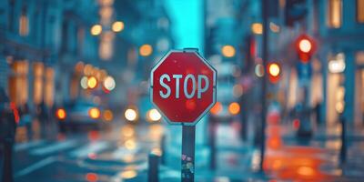 A vibrant street scene featuring a red stop sign with blurred city lights in the background. photo