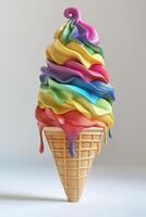 Colorful rainbow soft serve ice cream in a waffle cone, dripping with vibrant hues. photo