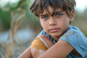 A close-up portrait of a young Caucasian boy with striking blue eyes, sitting amidst dried grass, reflecting a serene mood. photo