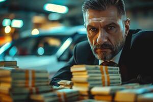 A serious Middle-Eastern man in a suit, surrounded by stacks of cash, exuding a powerful and intimidating presence. photo