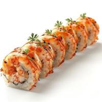 Delicious sushi roll featuring shrimp, garnished with fresh herbs. photo