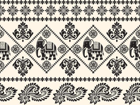 an ornate pattern with elephants and paisley