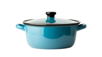 Close Up Of A Shiny Blue Cooking Pot With A Glass Lid And Two Handles On Isolated Background png