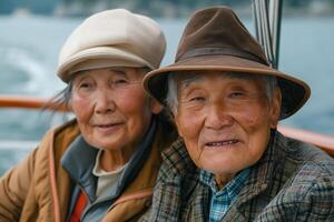 A joyful elderly couple, Asian descent, enjoying a boat ride together, wearing stylish hats and warm jackets, surrounded by serene waters. photo