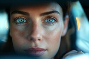 Close-up of a young Caucasian woman with striking blue eyes, gazing thoughtfully through a car's rearview mirror. photo